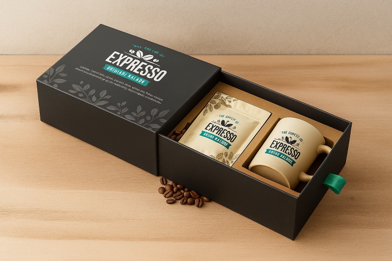 Premium coffee gift box in a black drawer-style featuring an espresso mug and coffee pouch